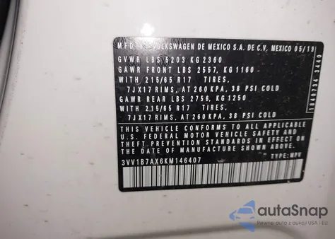 2019 Volkswagen Tiguan 2.0T S from USA, damaged, VIN 3VV1B7AX6KM146407